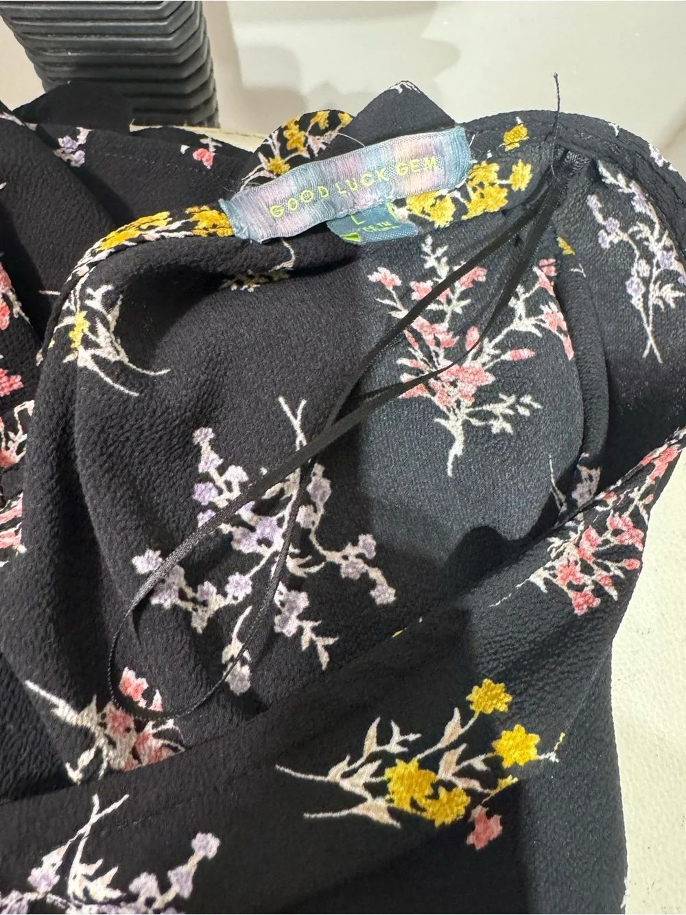 0117 Good Luck Gem Black Floral V-Neck romper with Pink and Yellow Accents - Picture 5 of 6